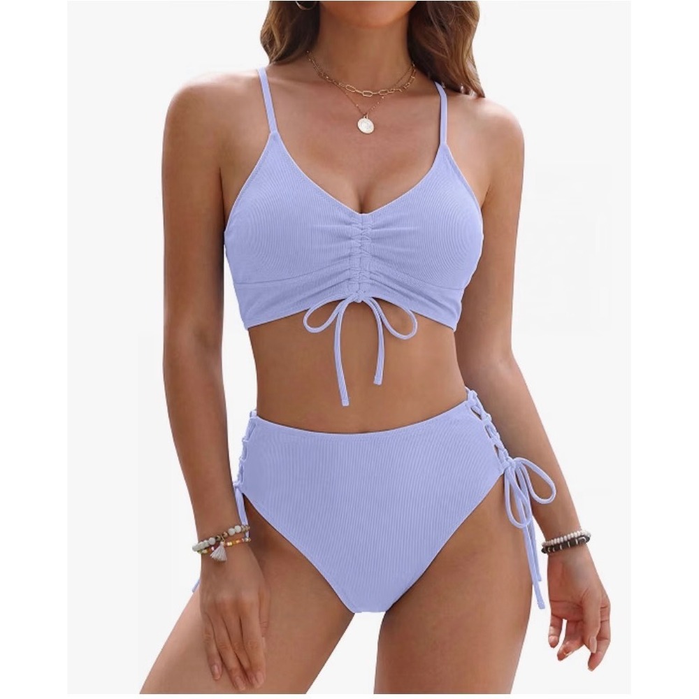 ZAFUL Womens Lavender Ribbed Tie Front High Waisted Two Piece Bikini Set Size S